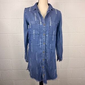 Anthropologie Cloth & Stone Women's Denim Blue Chambray Shirt Dress Fray Edge